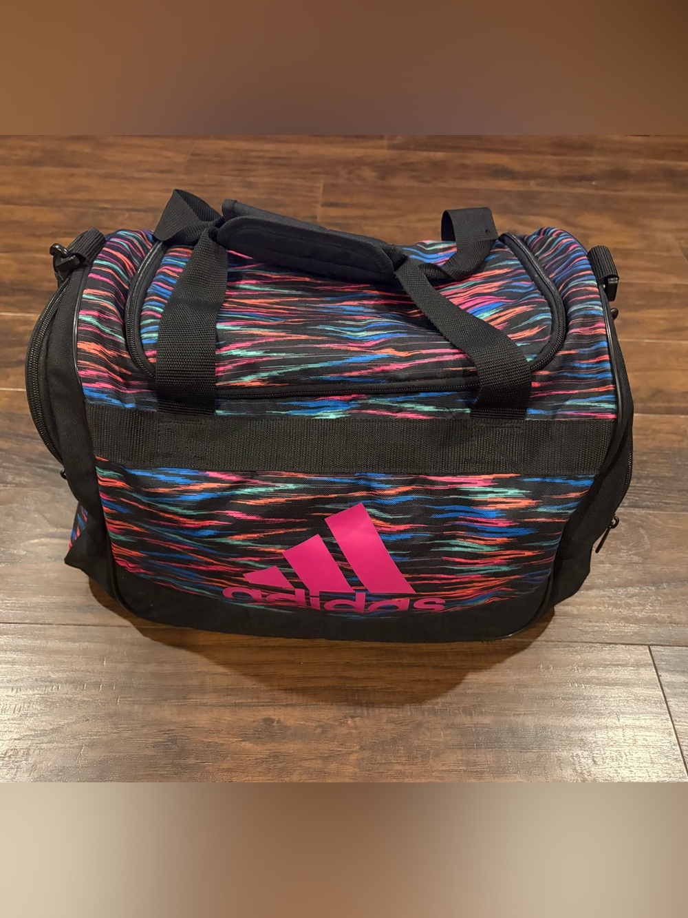 adidas Multicolor Striped Travel Duffel with Pink Logo